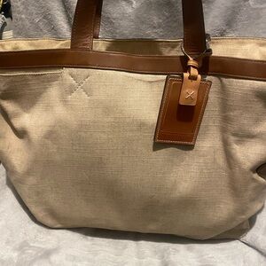 Tumi Beige Canvas Tote with Brown Leather Trim